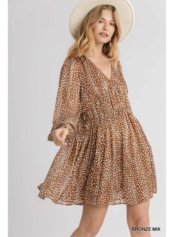 Metallic Leopard Long Sleeve Babydoll Dress