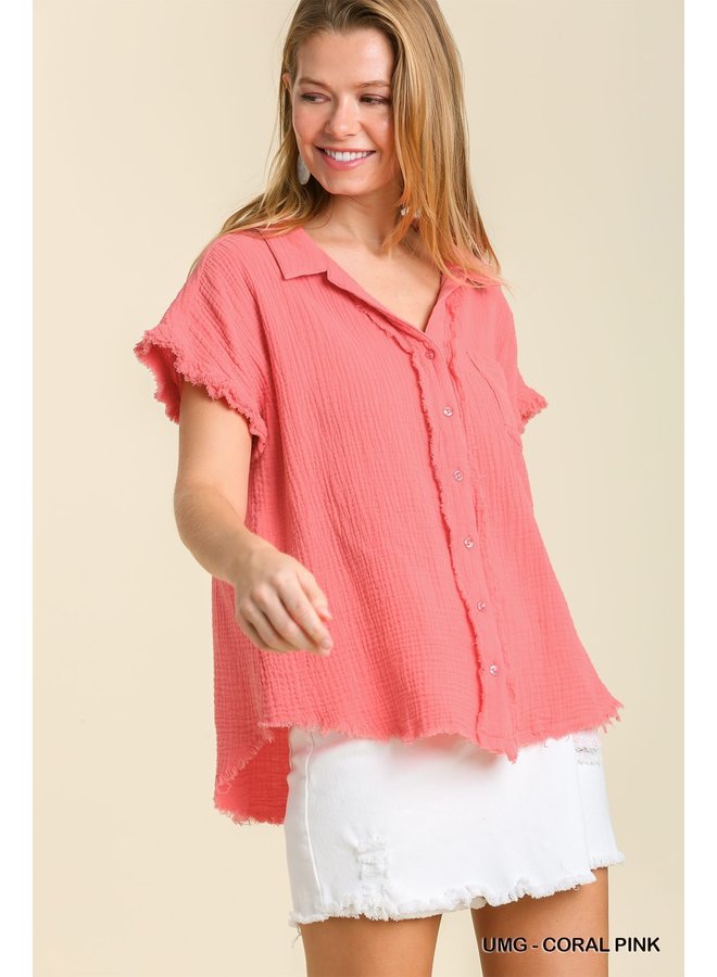 Short Sleeve Gauze Top w/ Raw Hems - Coral