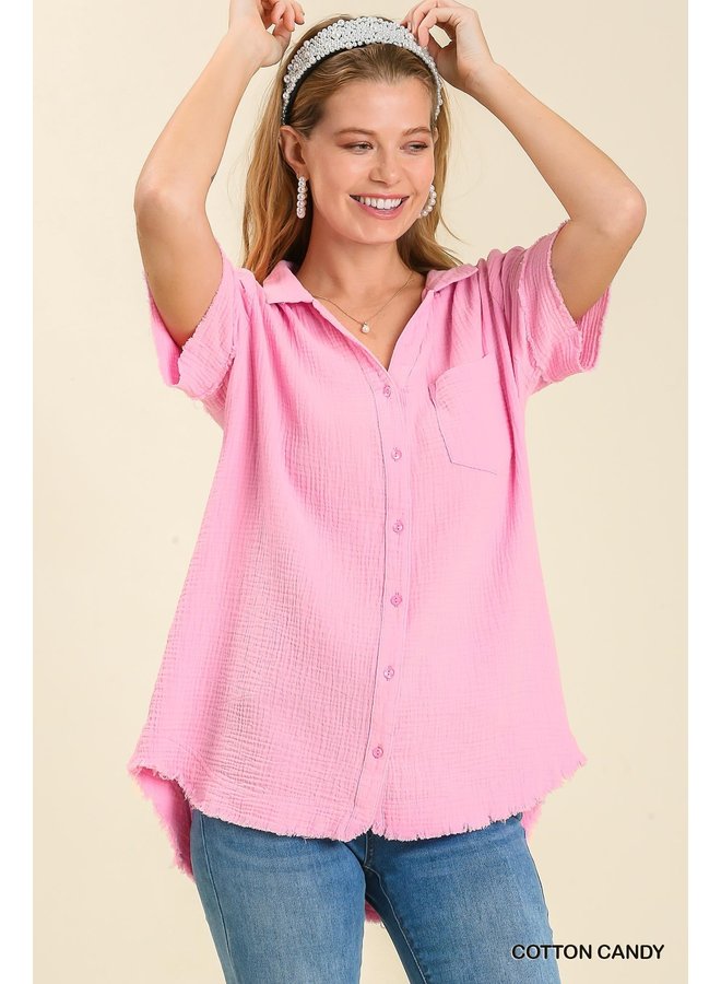 Short Sleeve Gauze Top w/ Raw Hems - Pink