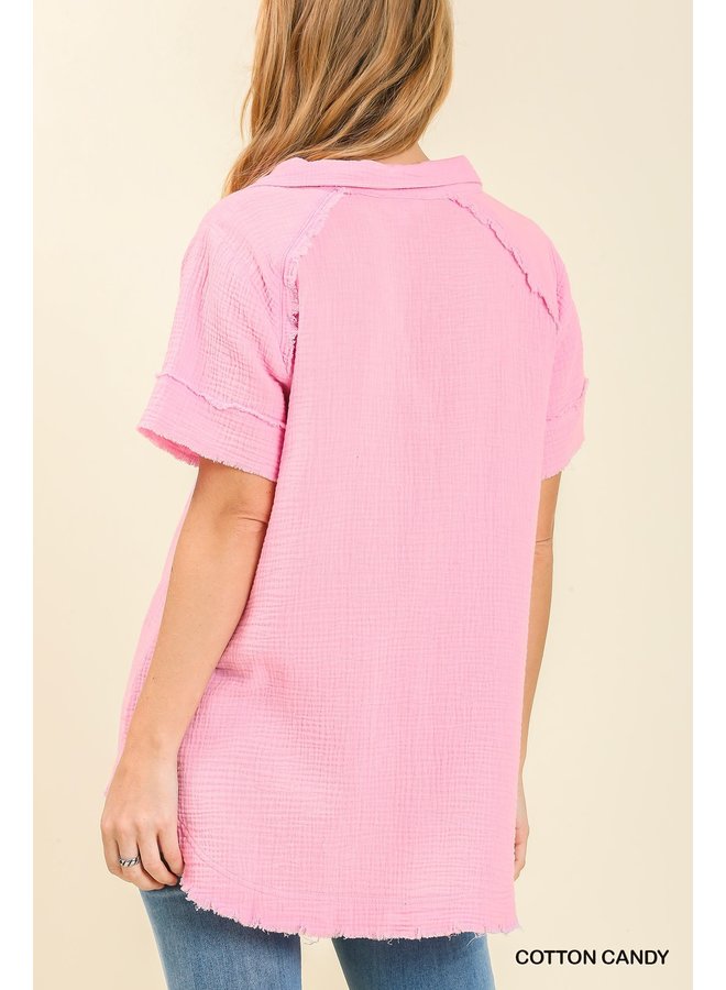 Short Sleeve Gauze Top w/ Raw Hems - Pink