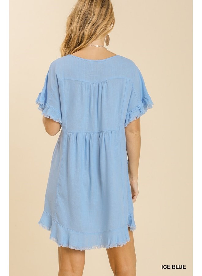 Ice Blue Linen Short Sleeve Dress w/ Raw Hem & Pockets