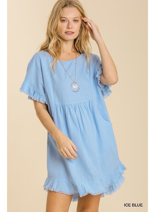 Ice Blue Linen Short Sleeve Dress w/ Raw Hem & Pockets