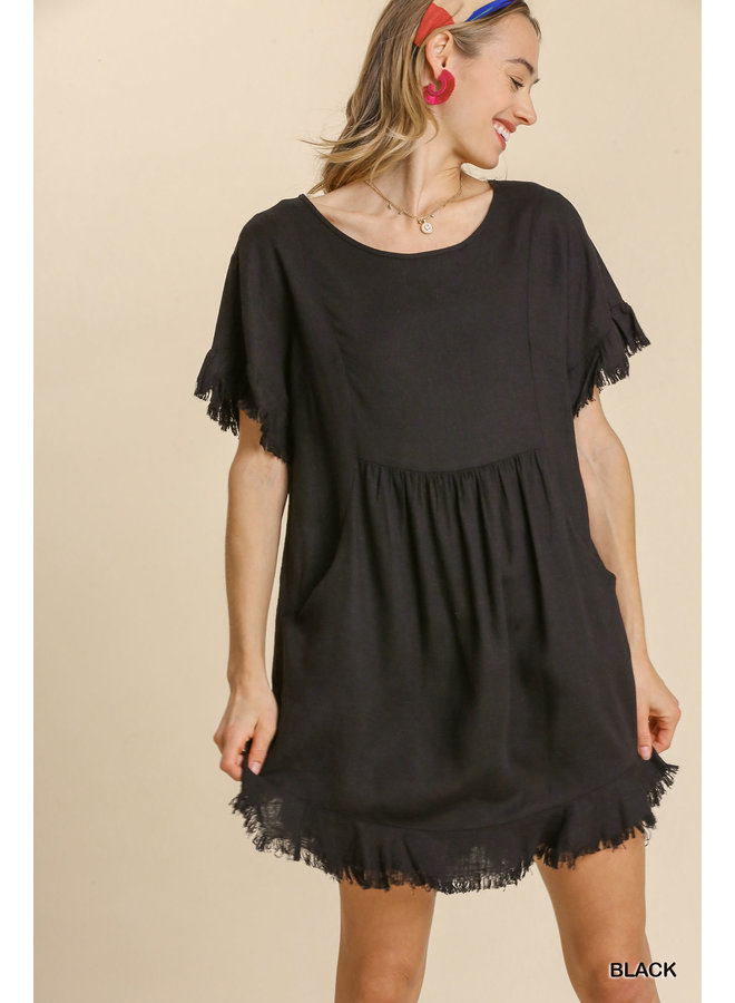 Black Linen Short Sleeve Dress w/ Raw Edges, Hi Lo Hem & Pockets