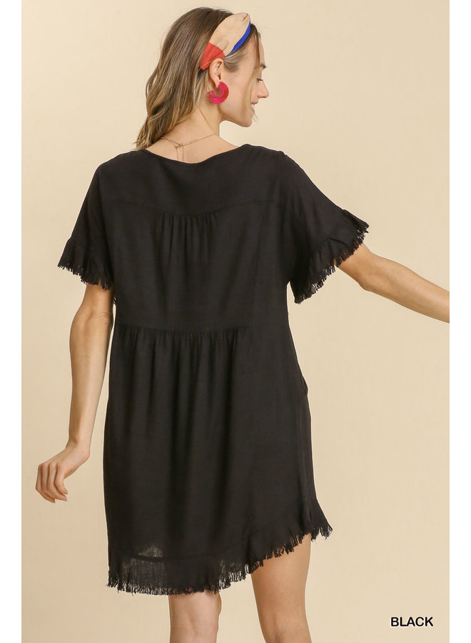 Black Linen Short Sleeve Dress w/ Raw Edges, Hi Lo Hem & Pockets