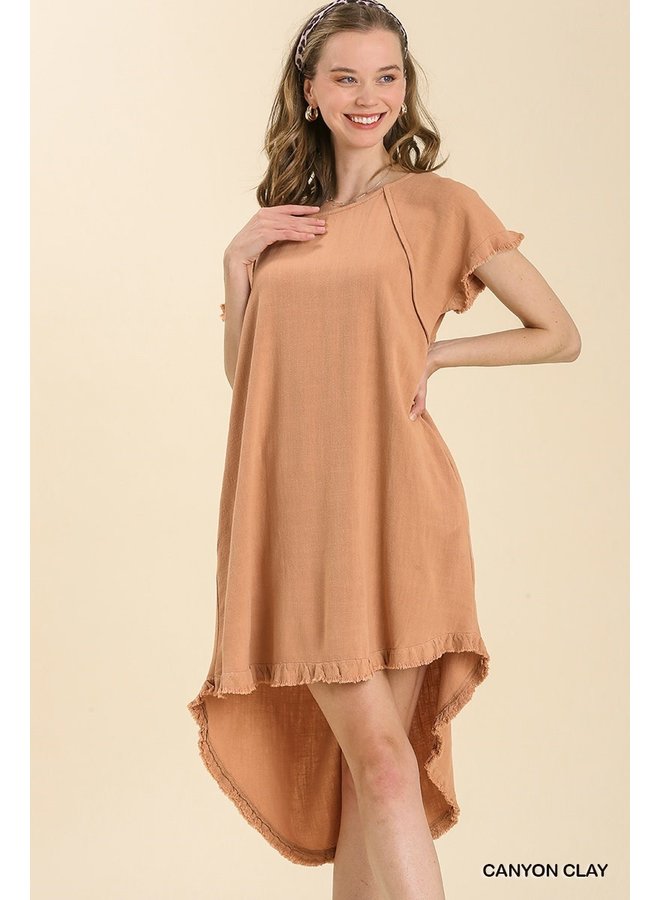 Short Sleeve Linen Short Dress w/ Raw Hem & Round Neck - Canyon Clay