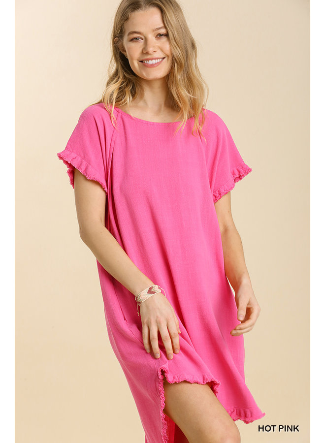 Short Sleeve Linen Short Dress w/ Raw Hem & Round Neck - Hot Pink