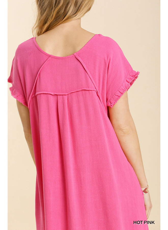 Short Sleeve Linen Short Dress w/ Raw Hem & Round Neck - Hot Pink