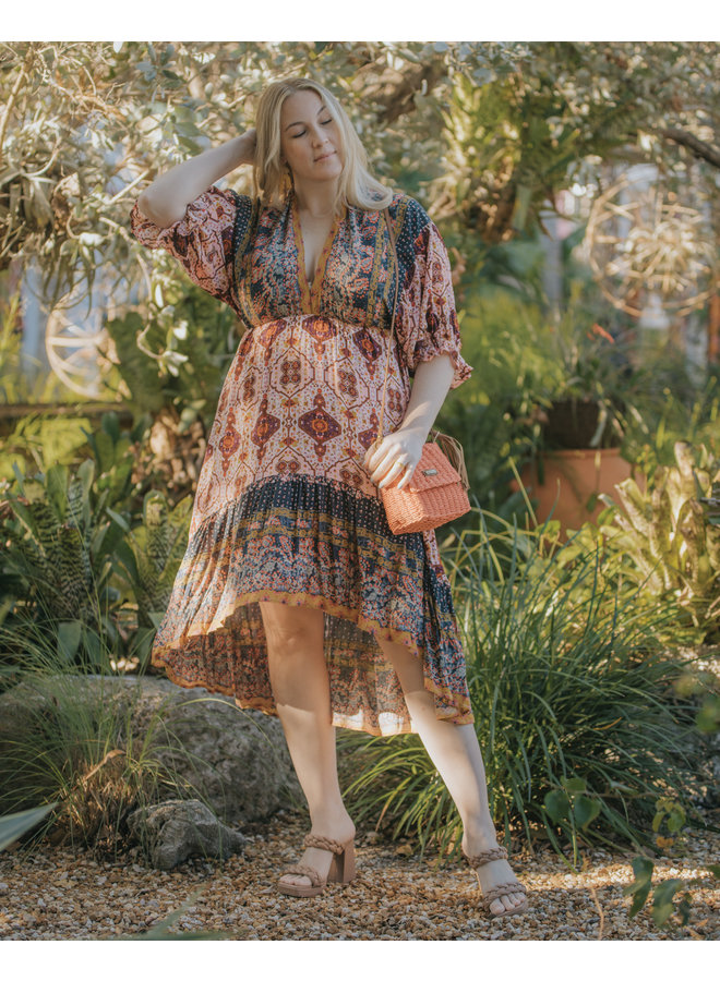 Boho Floral Border Print Midi Dress w/  Tie Back - Mixed Berry