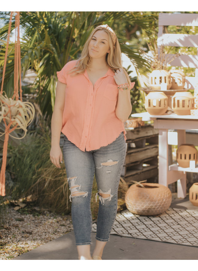 Short Sleeve Gauze Top w/ Raw Hems - Coral