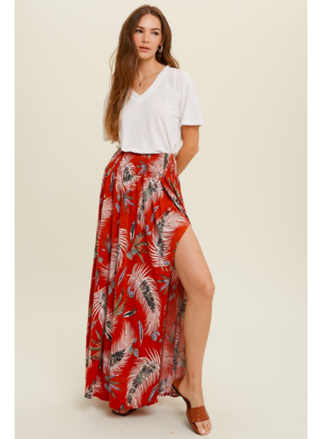 Tropical Print Maxi Skirt w/ Side Slit  by Wishlist -  Brick Red