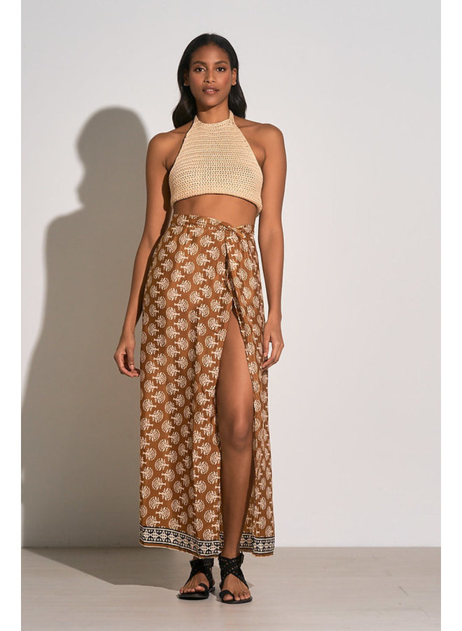 Border Print Sarong Maxi Skirt - Curry Yellow Casablanca Print