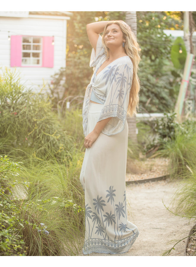 Cabo Palm Print  Wide Leg Pants w/ Smocked Waist by Surf Gypsy  - White / Blue