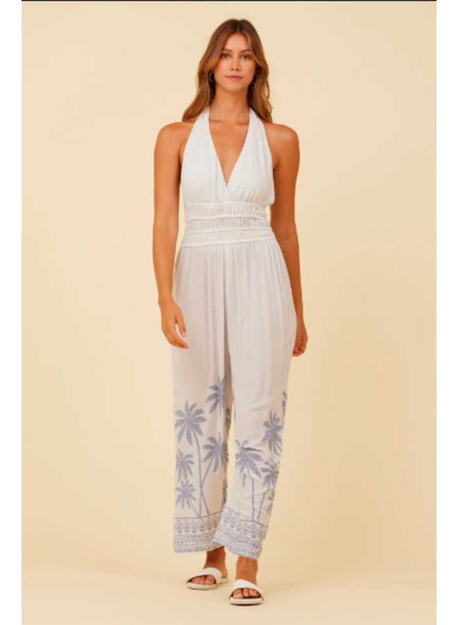 Cabo Palm Print  Jumpsuit w/ Wide Leg & Smocked Waist by Surf Gypsy  - White / Blue