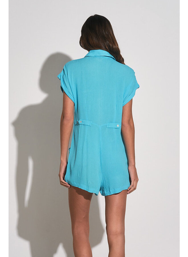 Loose Button Up Romper w/ Collar by Elan - Aqua