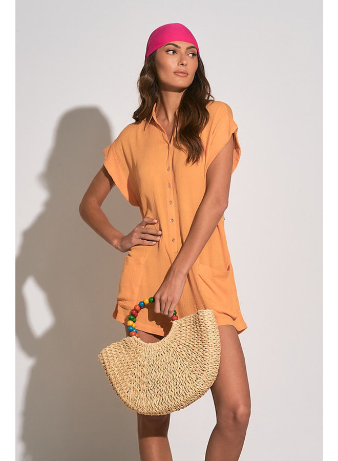 Loose Button Up Romper w/ Collar by Elan - Orange