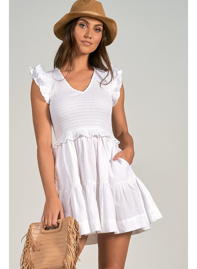 Short White  Dress w/ Smocked Bust & Ruffle Sleeve - White