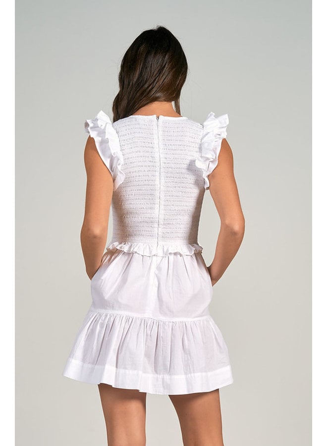 Short White  Dress w/ Smocked Bust & Ruffle Sleeve - White