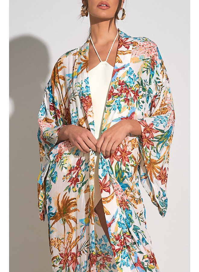 Tropical Print Long Kimono w/ Foil Writing - Another Day In Paradise by Elan - White Tropical Print
