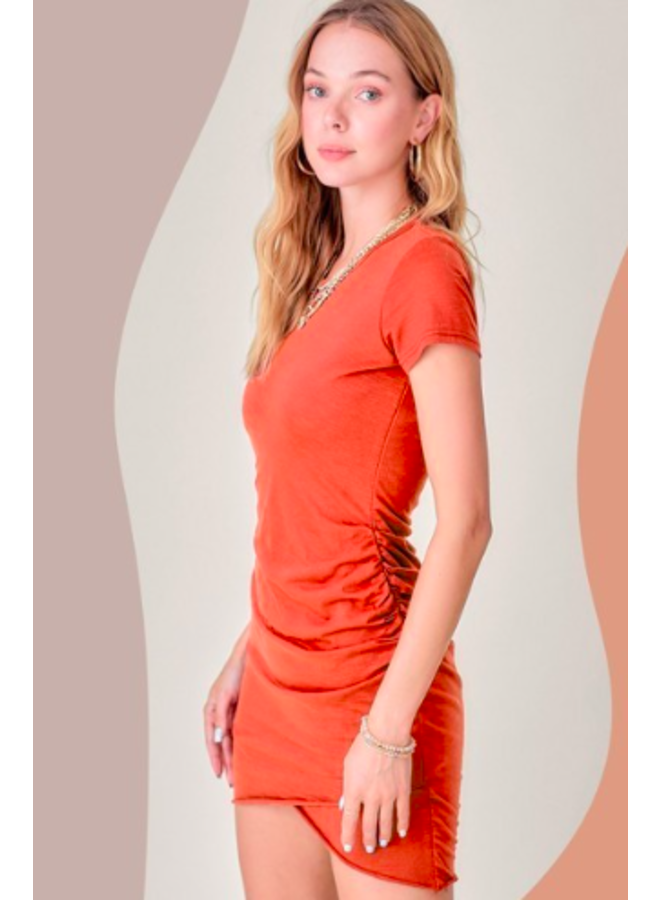 Short Sleeve T Shirt Dress w/ Ruched Sides - Coral Red