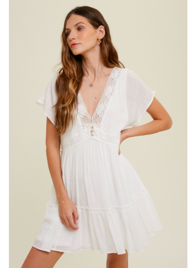 White V Neck Short Dress w/ Lace Trim by Wishlist - White - Miss