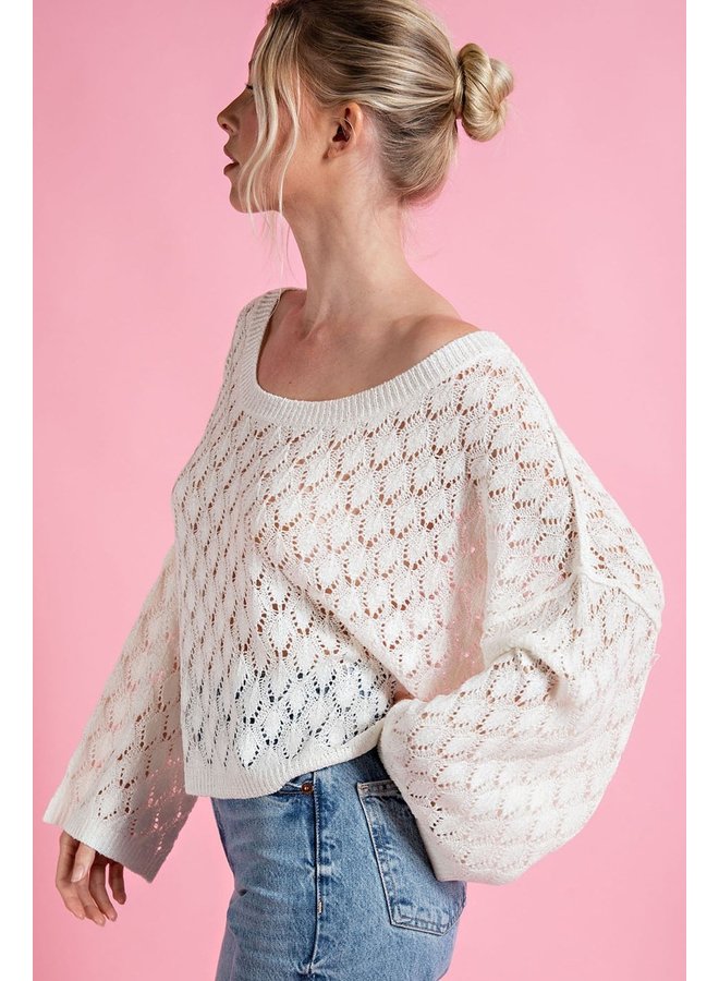 Open Weave Round Neck Sweater Wide Sleeves by Eesome - white