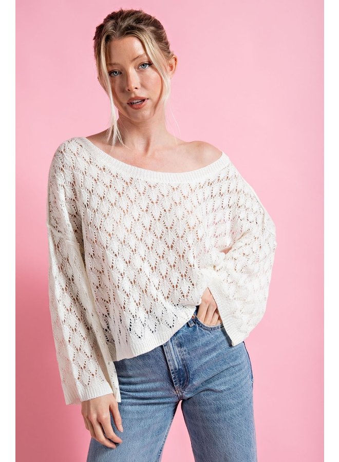 Open Weave Round Neck Sweater Wide Sleeves by Eesome - white