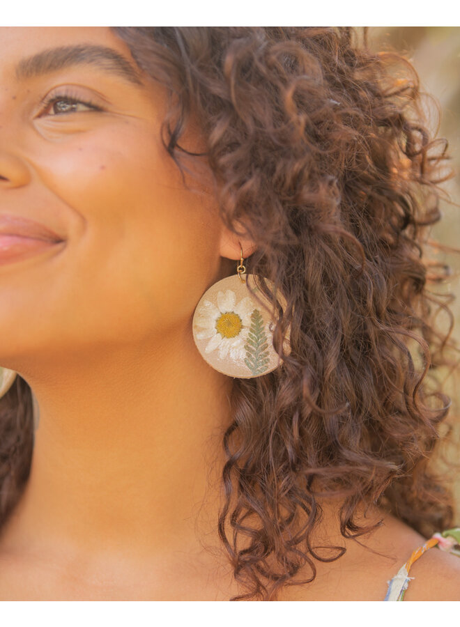 Large Leather Circle Earrings w/ Dried Daisy Flowers & Ferns