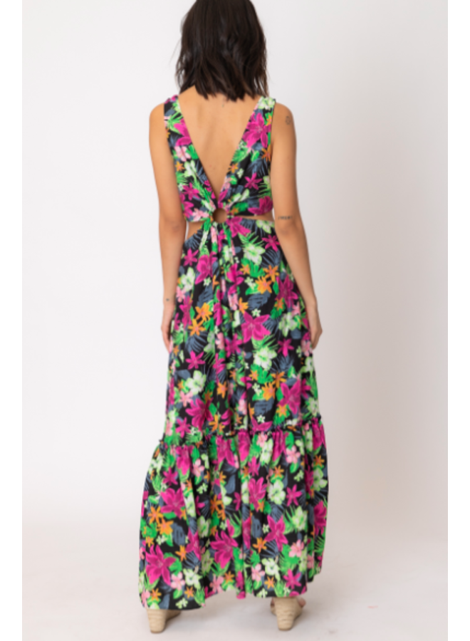 Tropical Maxi Dress w/  Round Cutouts - Black Tropical Print