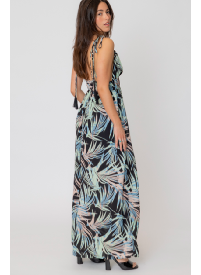 Black Tropical Palm Maxi Dress w/ Tassel Tie Straps