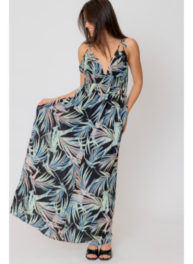 Black Tropical Palm Maxi Dress w/ Tassel Tie Straps