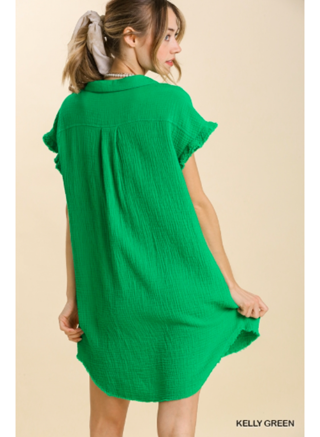 Button Front Baseball Jersey Dress - Kelly Green