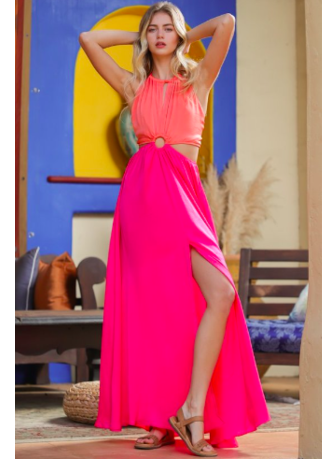 Colorblock Halter Maxi Dress - Hot Pink & Orange