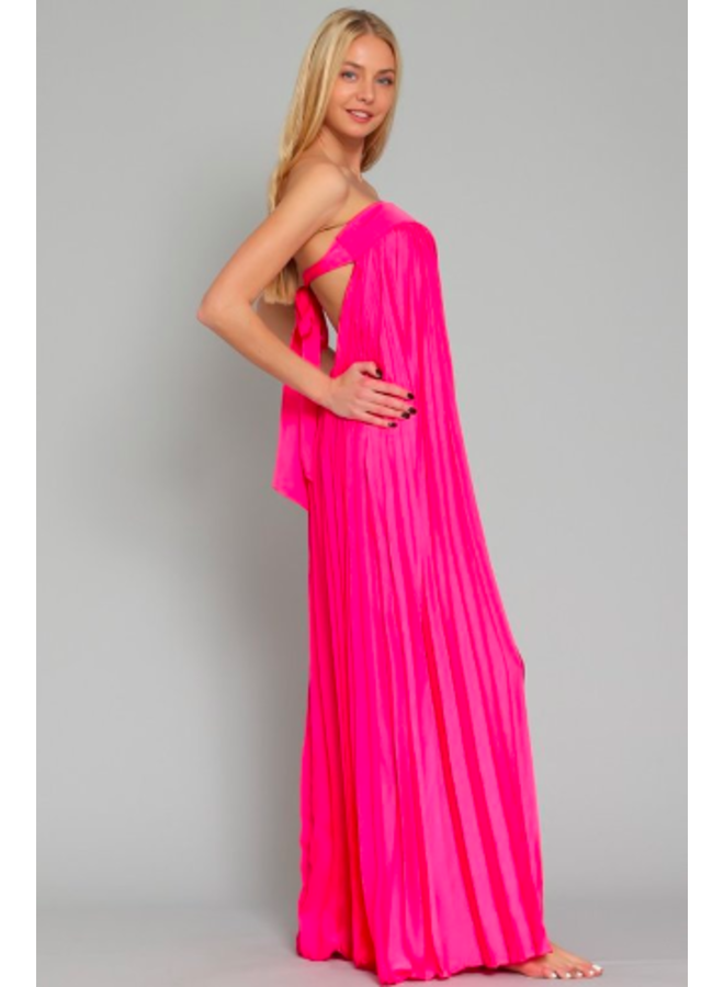 Strapless Pleated Maxi Dress w/ Tie Back - Hot Pink