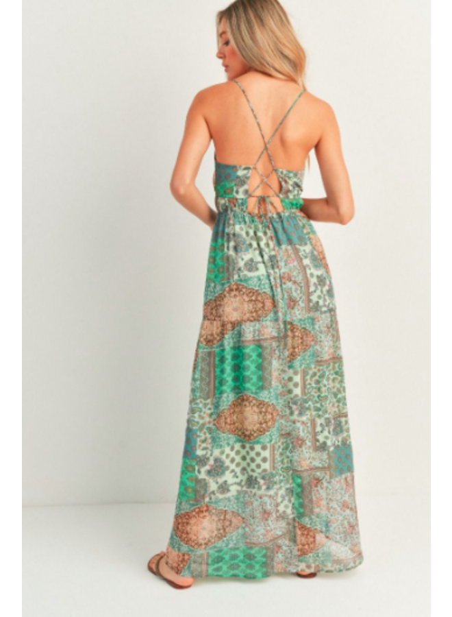 Patchwork Maxi Dress w/ Tie Back Detail by Lush - Green Patchwork