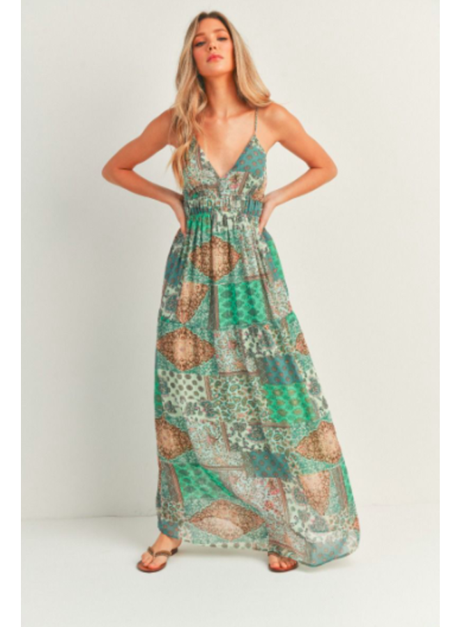 Patchwork Maxi Dress w/ Tie Back Detail by Lush - Green Patchwork