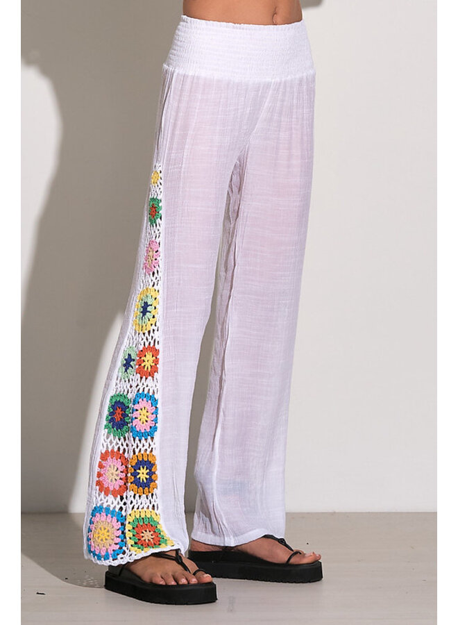 White Gauze Pants w/ Colorful Square Crochet Inserts by Elan - White