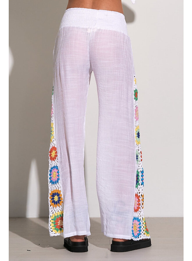 White Gauze Pants w/ Colorful Square Crochet Inserts by Elan - White - Miss  Monroe Boutique