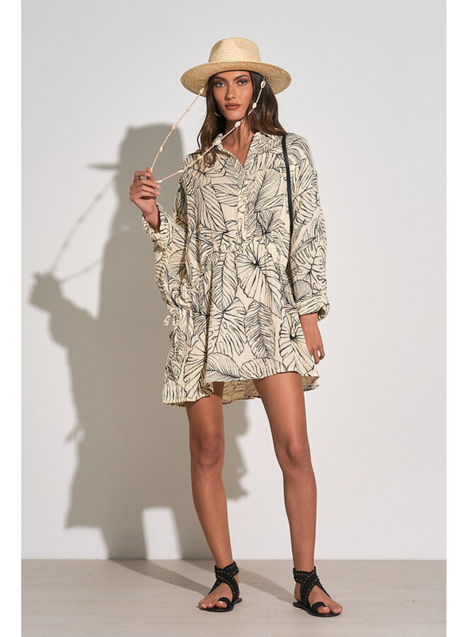 Black Tan Tropical Print Loose Tunic Dress by Elan Black Tan