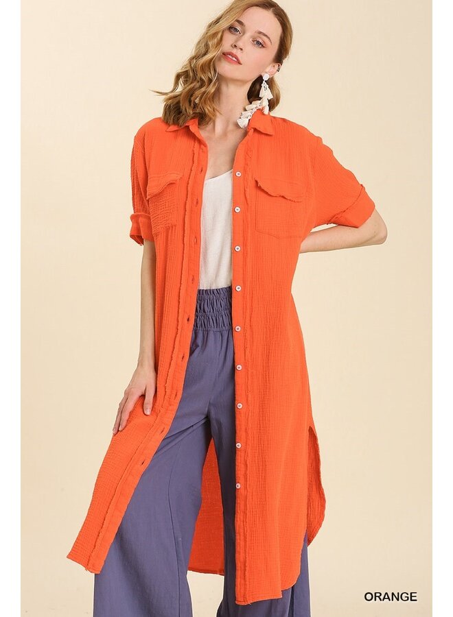 Orange Gauze Button Up Maxi Dress w/ Raw Edges