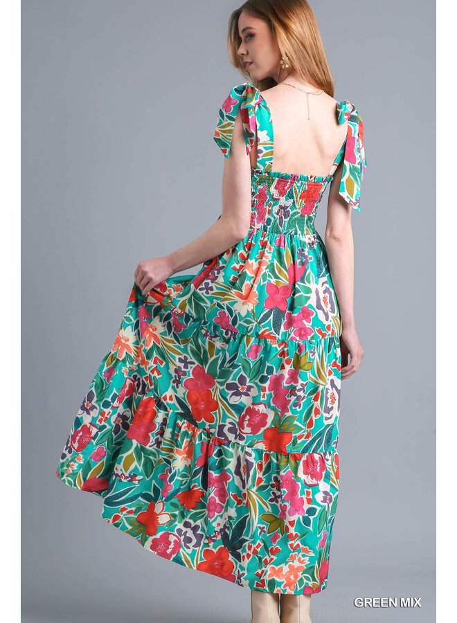 Bold Floral Maxi Dress w/ Tie Straps and Smocked Top  - Mint Floral