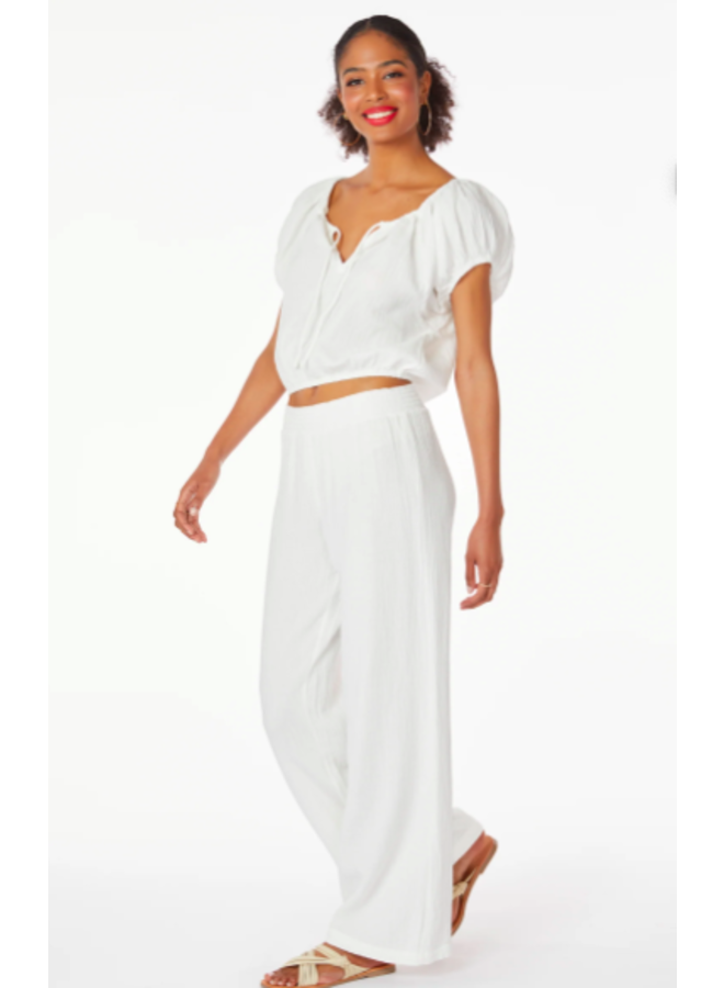 Smocked Waist Gauze Wide Leg Pants by Bobi - White