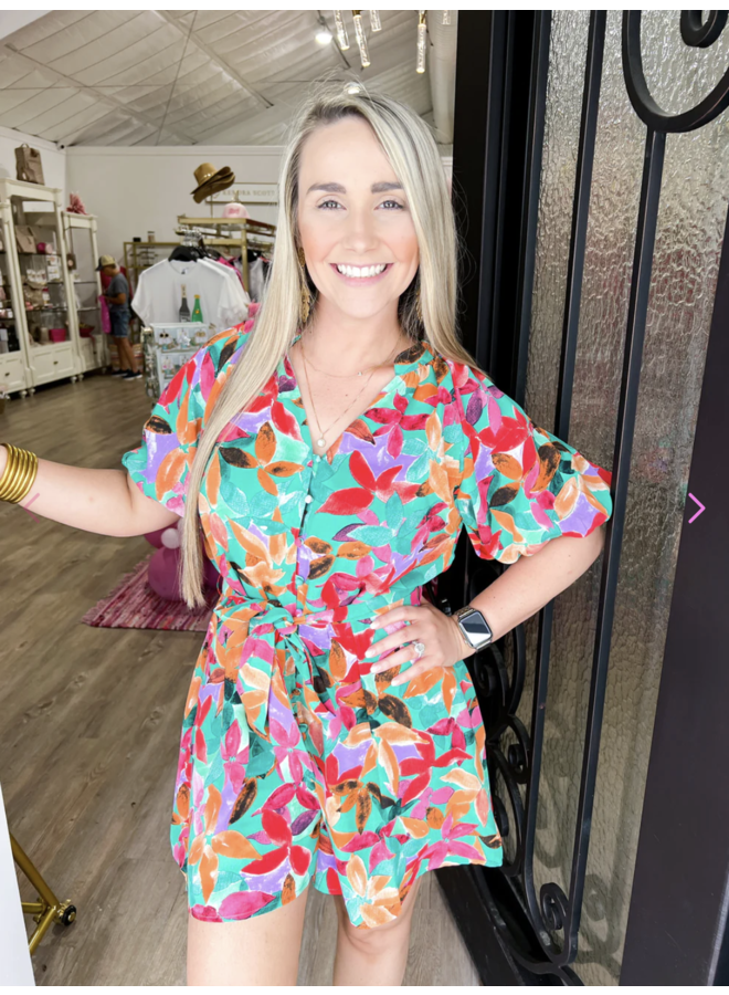 Bold Floral Romper w/ Ruffle Sleeve - Off White Mix