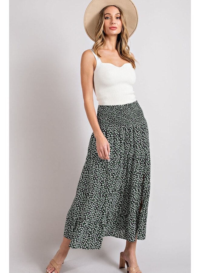 Ditsy Floral Midi Skirt w/ Side Slit by Eesome - Black Ditsy Floral