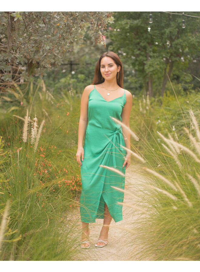Green Satin Midi Wrap Dress  by KLD - Green