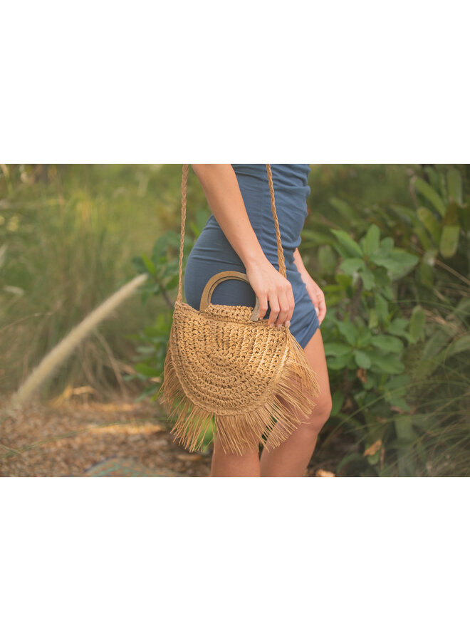 Straw Half Circle bag w/ Fringe & Wooden Handle