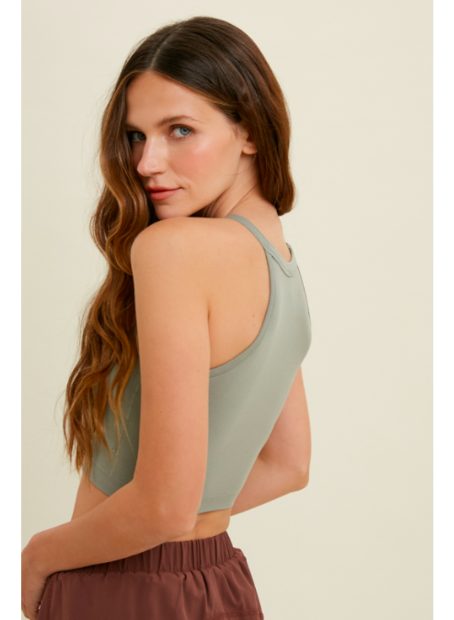 High Neck Crop Top Tank w/ Removable Pads by Wishlist - Seagrass Green