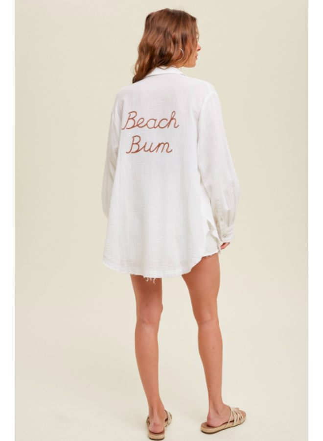 Button Up Gauze Shirt w/ Beach Bum Embroidery by Wishlist -  White