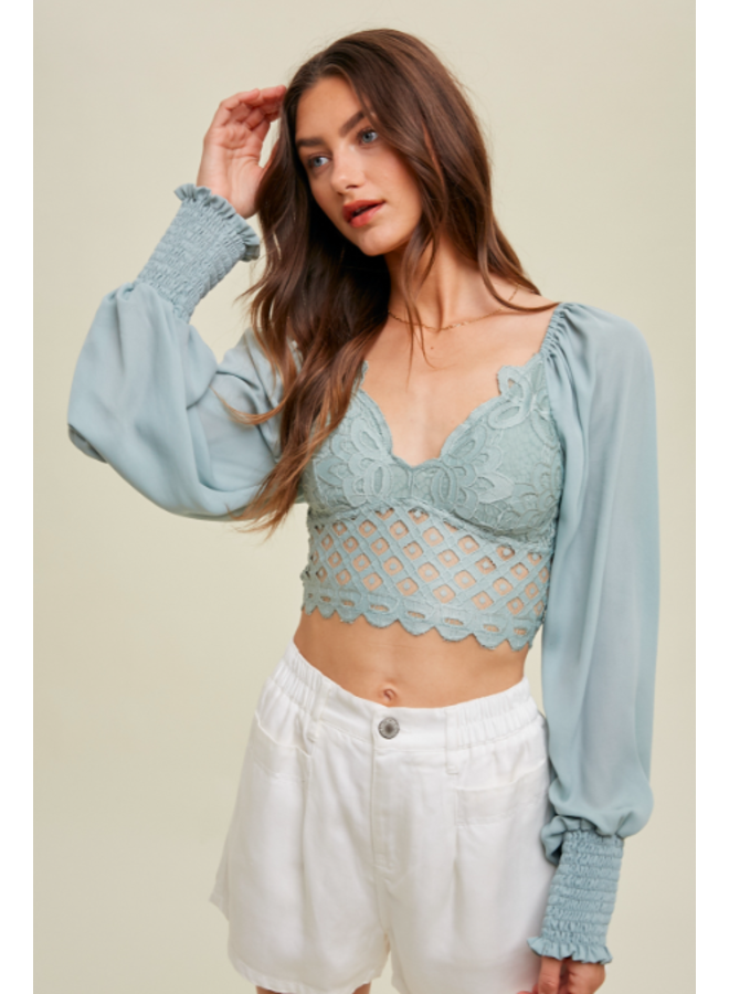 Lace Padded Crop Top w/ Balloon Sleeves by Wishlist- Sage Green