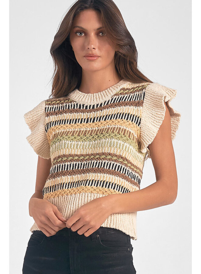 Striped Sweater Knit Tank w/ Ruffle Sleeve by Elan - Multi Stripe