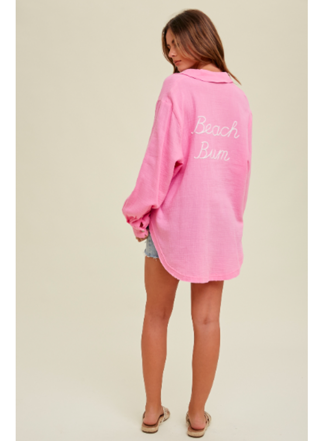 Button Up Gauze Shirt w/ Beach Bum Embroidery by Wishlist -  Punch Pink
